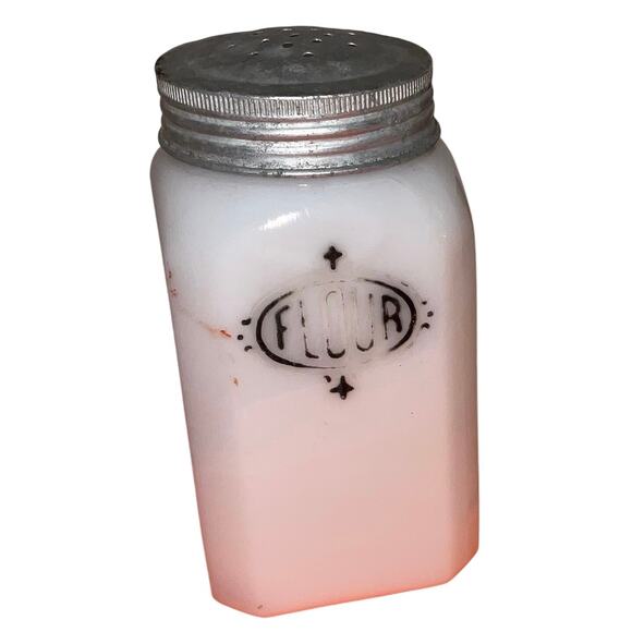 Hazel Atlas Milk Glass Flour & Pepper Shakers w/ Metal Lids 1930s-40s Vintage - Picture 1 of 8